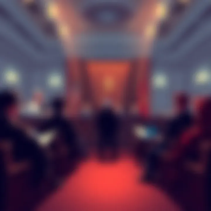 Illustration of a courtroom with lawyers discussing a class action lawsuit against a strategy firm, highlighting the tension and anticipation of investors.
