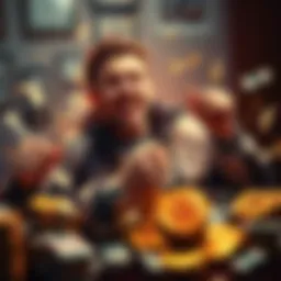 Clifton Collins celebrating the recovery of his lost Bitcoin fortune with piles of cash around him