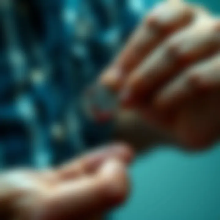 A person is cleaning a dirty coin while accidentally cutting their hand, showing blood on the coin.