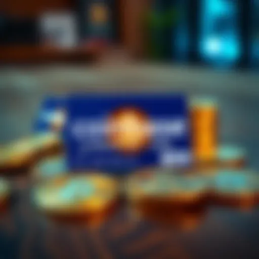 A Coinbase Card placed on a wooden table with Bitcoin symbols surrounding it, showcasing cryptocurrency rewards