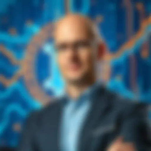 Brian Armstrong stands in front of a futuristic digital backdrop representing Bitcoin and blockchain technology