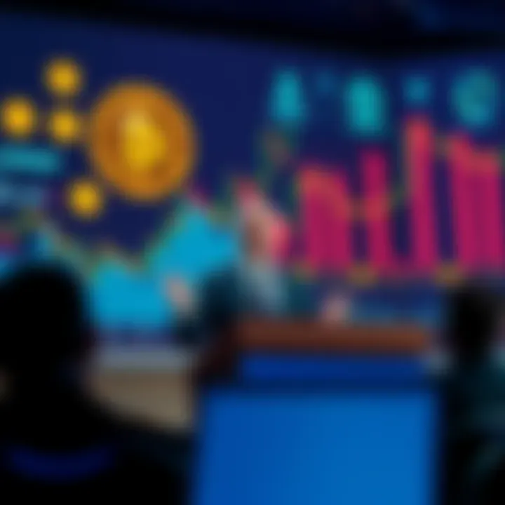 A legal chief from Coinbase discussing regulatory issues at a podium, with a backdrop of cryptocurrency symbols and financial charts.