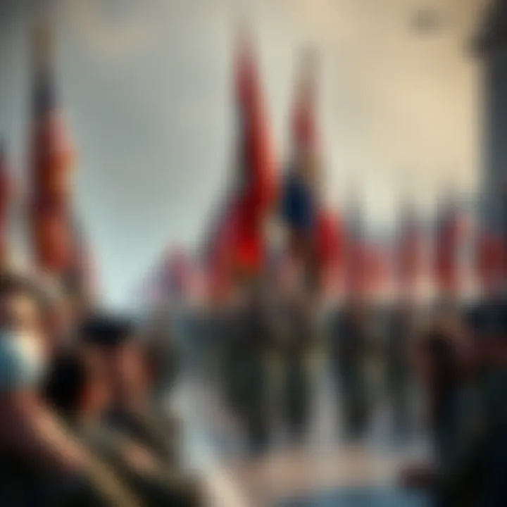 Coinbase Military Parade Sponsorship A military parade with flags and soldiers marching, highlighting Coinbase's sponsorship choice amidst a backdrop of disappointed people.