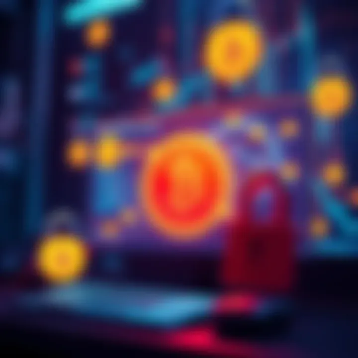 A visual representation of Coinbase's security features, showing locks and a computer screen with cryptocurrency symbols.