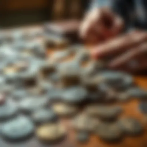 Coins on a Table A collection of ancient coins laid out on a wooden table, with a few coins being examined closely by a person.