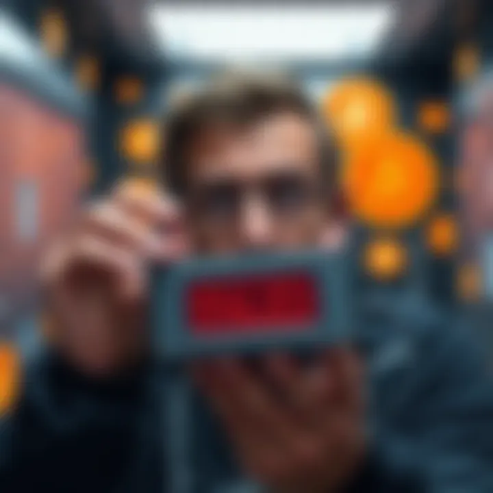 A person looking worried while holding a failed cold storage device, with bitcoin symbols in the background to represent digital currency security.