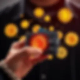 A person holding a cold wallet device with Bitcoin icons around it, symbolizing security and storage for cryptocurrency.