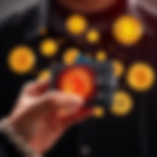 A person holding a cold wallet device with Bitcoin icons around it, symbolizing security and storage for cryptocurrency.
