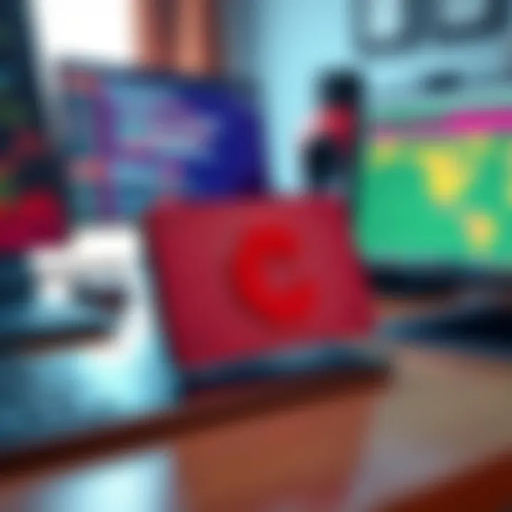 A Coldcard wallet placed on a wooden desk with a computer and crypto-related items in the background
