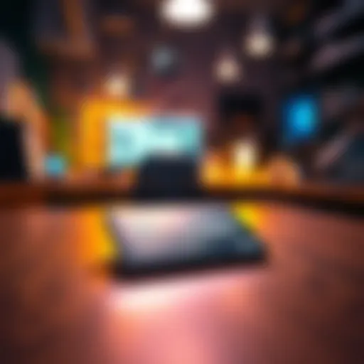 A ColdCard hardware wallet displayed on a wooden table with a blurred background of a tech workspace