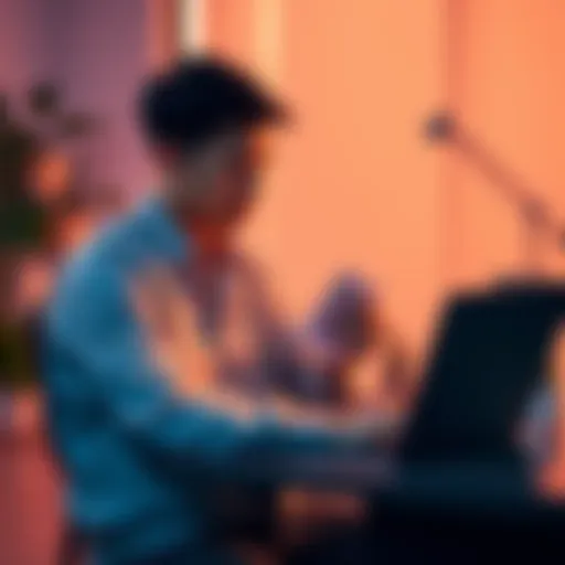 A young man sitting at a desk counting his first paycheck with a laptop showing cryptocurrency charts and a staking platform in the background.