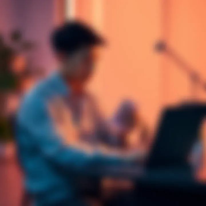 A young man sitting at a desk counting his first paycheck with a laptop showing cryptocurrency charts and a staking platform in the background.