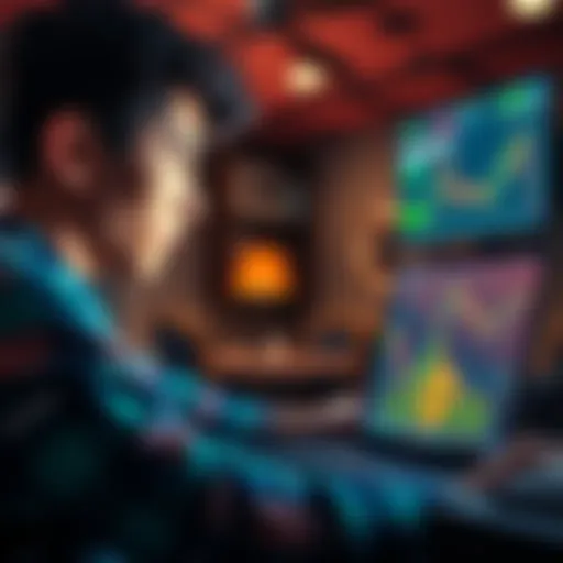 A college student looking at a laptop screen displaying Bitcoin graphs, pondering investment strategies.