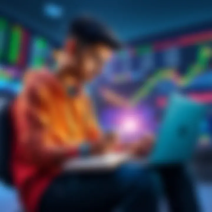 College student budgeting A college student analyzing investment options with a laptop and notebook, looking at cryptocurrency and stock charts