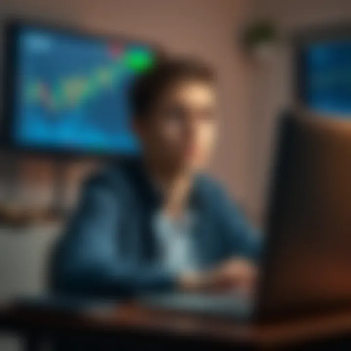 Confused college student looking at computer screen A college student with a worried expression sitting at a desk, staring at a laptop with financial charts on the screen, symbolizing concerns about a scam.