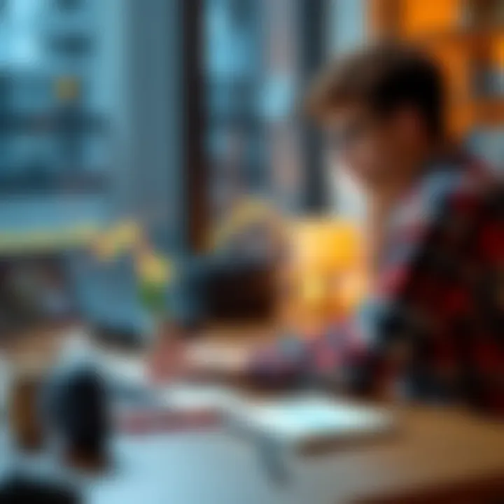 A college student sits at a desk with a laptop and a notebook, looking at charts of Dogecoin and Bitcoin, contemplating investment options for tuition.