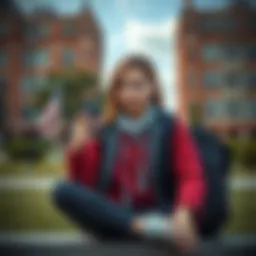 A concerned college student holds a phone, looking distressed while sitting in a campus setting, symbolizing her struggle for justice after a rape threat incident.