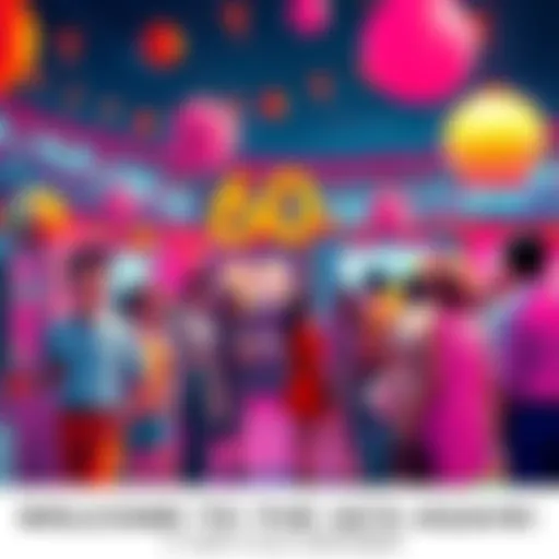 A vibrant scene depicting people in 1960s fashion and colorful decorations, celebrating a lively atmosphere reminiscent of the decade.