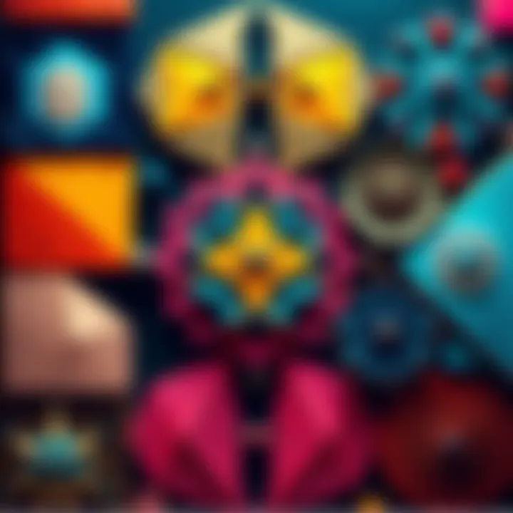 A collection of colorful geometric shapes and patterns arranged in an artistic design, showcasing unique visual designs.