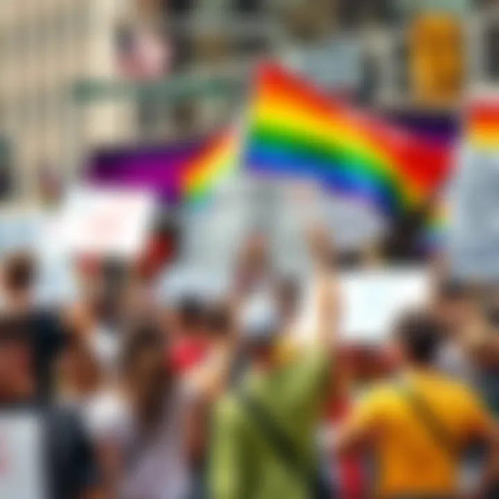 A vibrant Pride parade with people holding signs that express diverse views about the LGBTQ+ community, showcasing unity and acceptance.