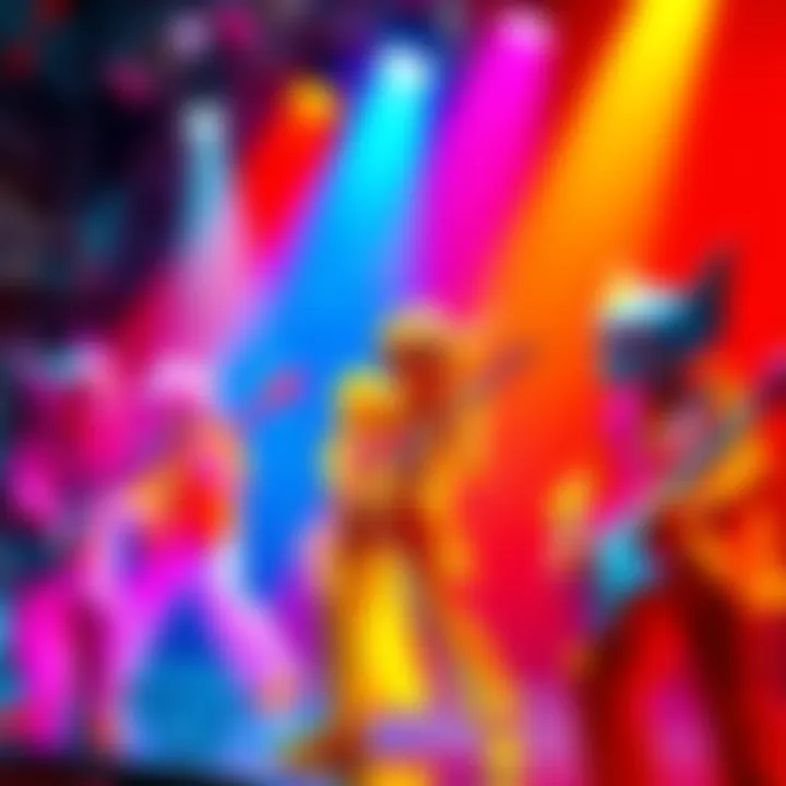 A vibrant display of unique musicians with origami textures in bright colors, depicting a lively rock concert atmosphere.