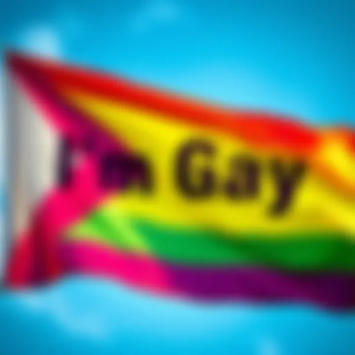 A vibrant Pride flag with the phrase '__, I’m gay' written in bold letters overlaying it, symbolizing acceptance and conversation in modern culture.