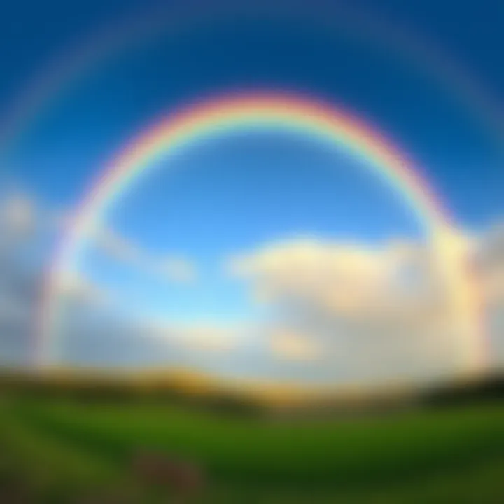 A bright rainbow arcs across a clear blue sky above a green field and a serene lake, showcasing vibrant colors.