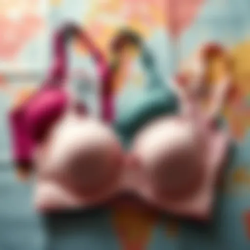A collection of soft and supportive bras suitable for long-haul flights displayed on a travel-themed background