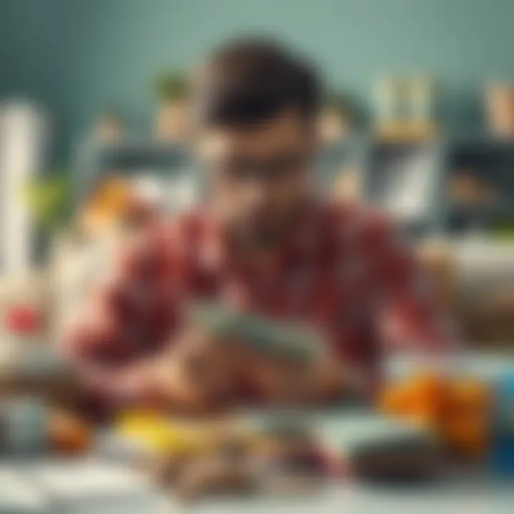 A person counting money with a thoughtful expression, surrounded by everyday life items like groceries and bills, reflecting on financial comfort.