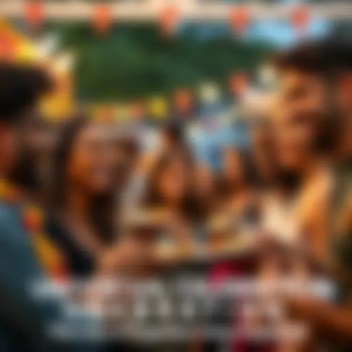 A diverse group of people joyfully celebrating together at a festival, smiling and sharing food