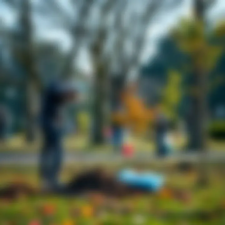 A person planting trees in a park while others clean up trash nearby, showcasing community involvement in environmental efforts.