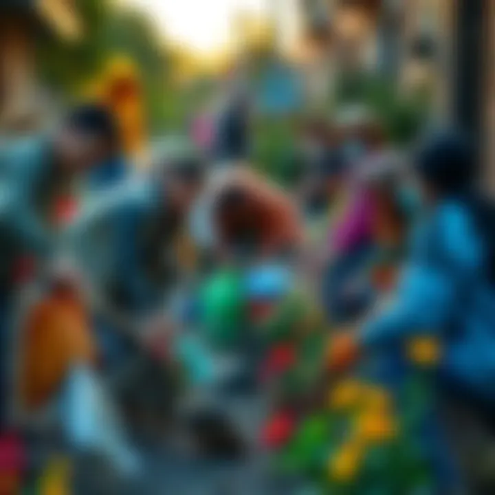 A group of diverse individuals engaged in a community clean-up effort, picking up trash and planting flowers to improve their neighborhood.