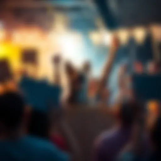 A group of people joyfully celebrating the achievement of 300,000 DOGE, holding signs and banners in a festive atmosphere.