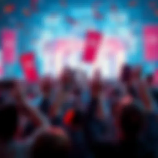 A lively crowd celebrating with banners and confetti, anticipating a big achievement.