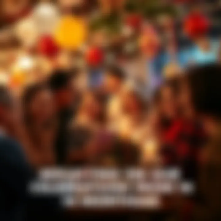 People enjoying a festive gathering, smiling and celebrating together with decorations and food around them.