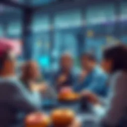 Group of people discussing topics while enjoying donuts