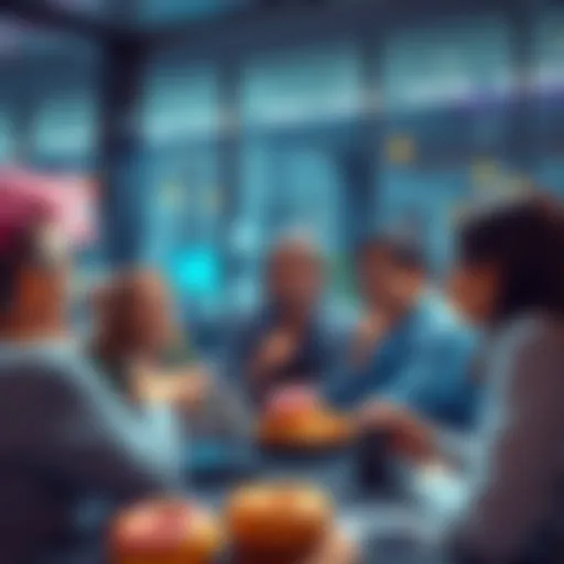 Group of people discussing topics while enjoying donuts