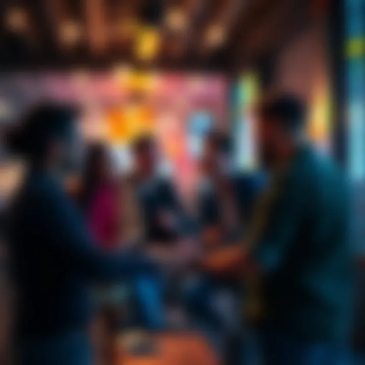 A diverse group of people discussing blockchain technology in a casual setting, representing community engagement in Pi's decentralization.