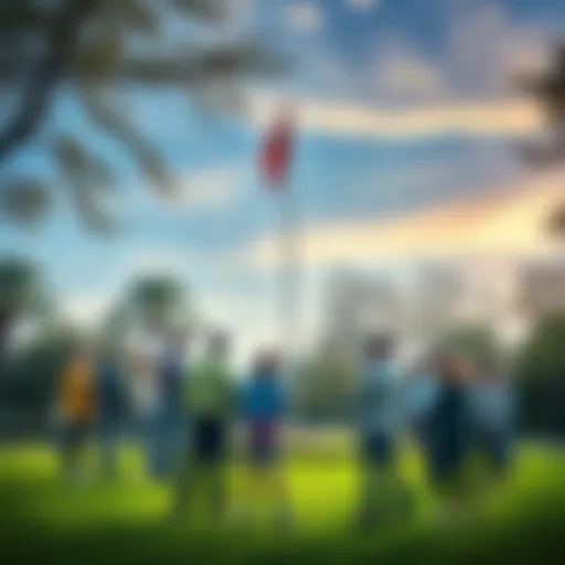 People gathered around a flagpole in a park, discussing its recent changes and significance to the community.
