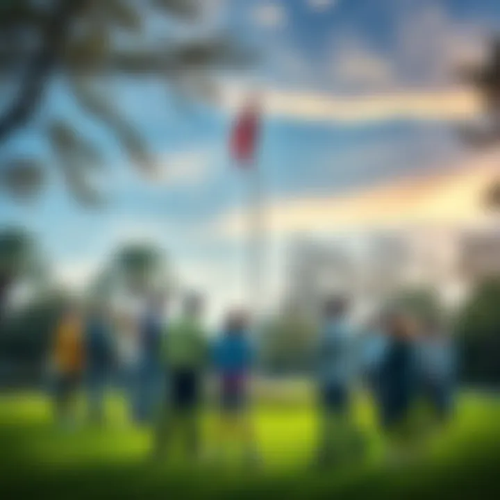 People gathered around a flagpole in a park, discussing its recent changes and significance to the community.