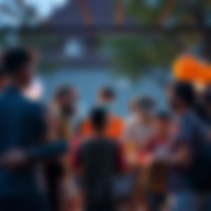 A diverse group of people engaged in conversation and activities at a neighborhood event, showcasing connection and collaboration.