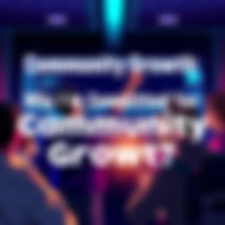 Community Growth A group of people enthusiastically discussing cryptocurrency investment strategies in front of a digital screen showing $POWSCHE trends.