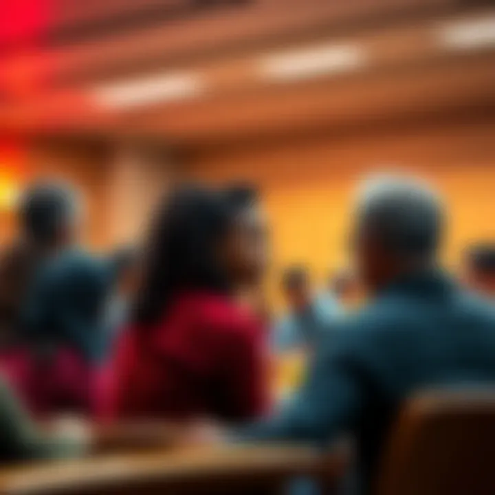 A diverse group of community members speaking at a public meeting while leaders listen attentively, showing the importance of communication