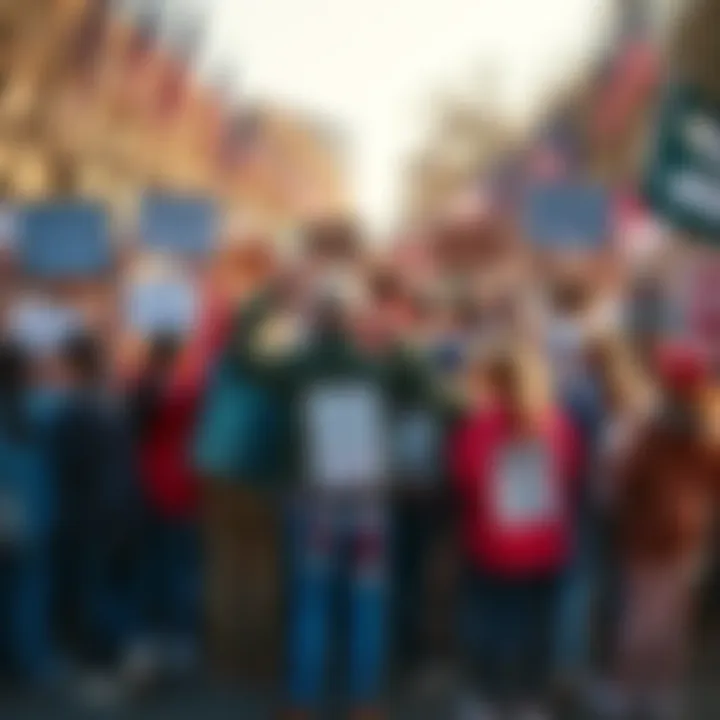 Community members rallying together A diverse group of people standing in a circle, holding signs with messages of support and unity, showing collective action in their community.