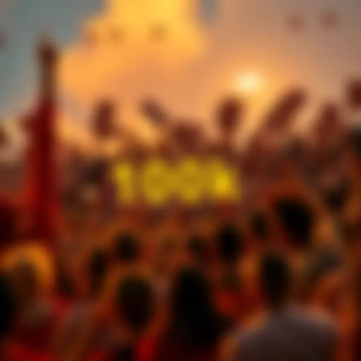 A diverse group of people gathered, holding signs and cheering, as they celebrate reaching a milestone together.