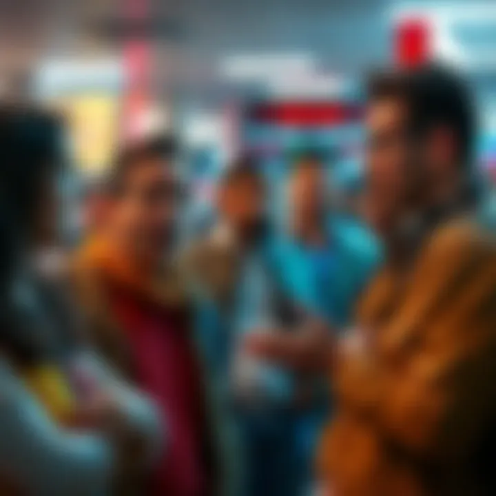 A group of people discussing the recent scamming attempt with surprised expressions in a public area