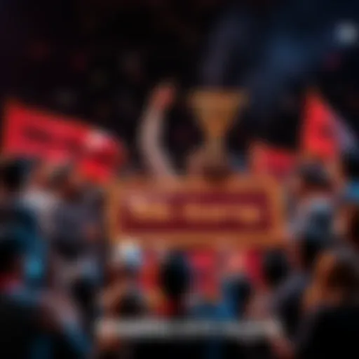 Group of people celebrating online forum success with banners and trophies