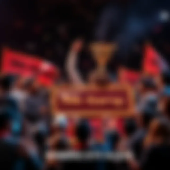 Group of people celebrating online forum success with banners and trophies