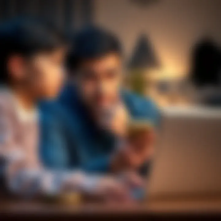 A family member looking worried while checking Bitcoin transaction details on a laptop, seeking advice about its legitimacy.