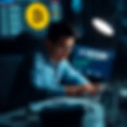 A person sitting at a desk, worried while looking at a laptop displaying Bitcoin prices, reflecting anxiety over cryptocurrency safety.